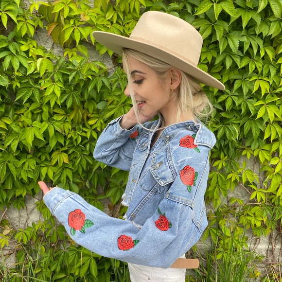 Mega Cropped Denim Jacket with Rose Embroidery by Lulu Simone - Picture 1 of 14